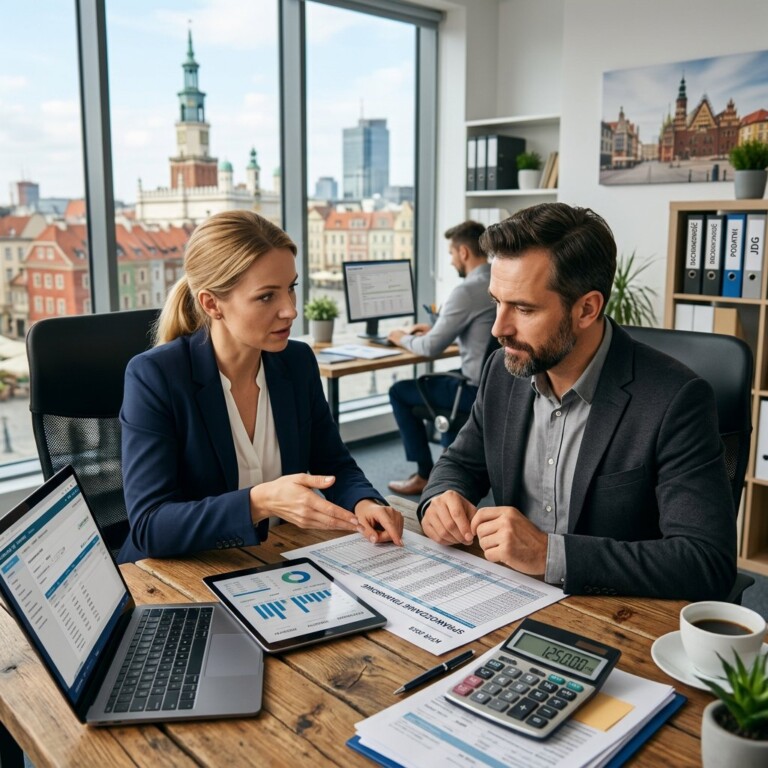 Profesjonalna księgowa przy biurku w nowoczesnym biurze w Poznaniu analizująca dokumenty finansowe jednoosobowej fi...