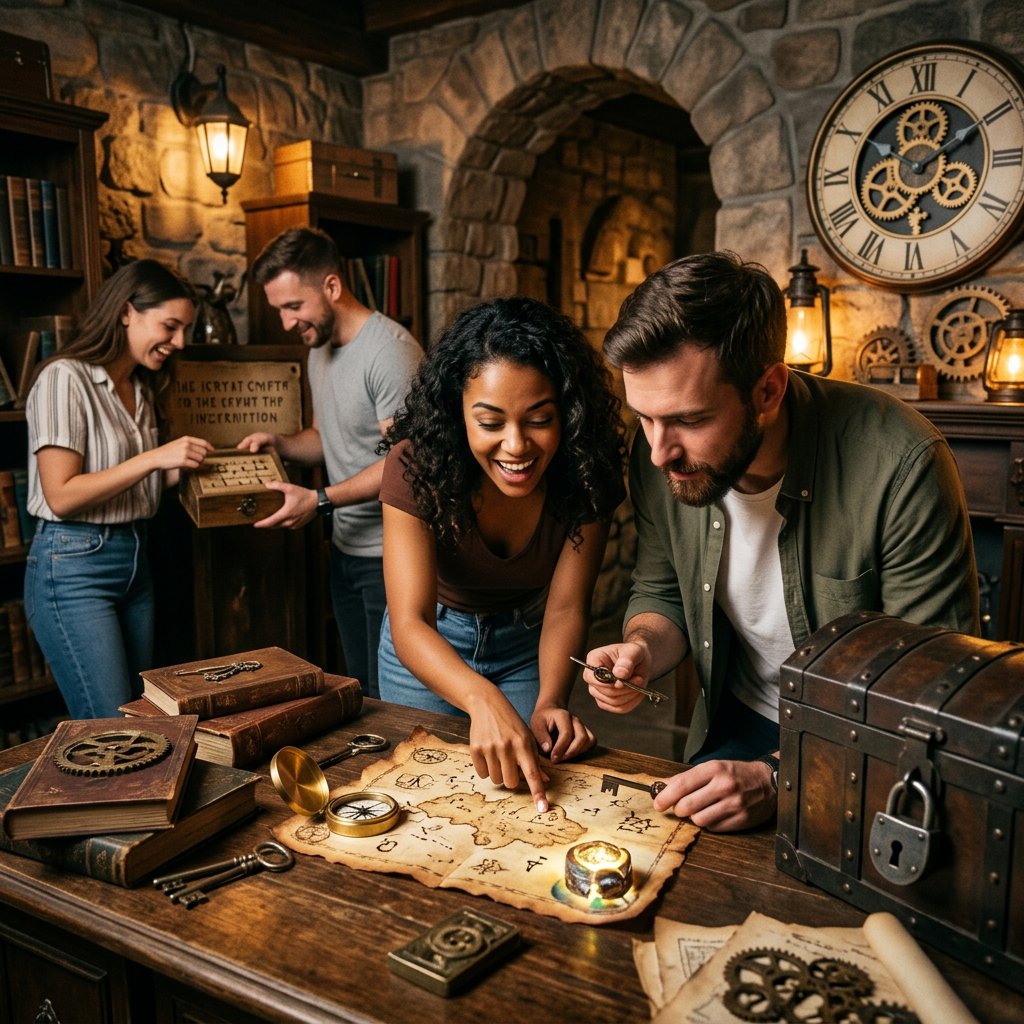 Grupa przyjaciół rozwiązująca zagadki w klimatycznym pokoju typu escape room w Poznaniu podczas emocjonującej gr...