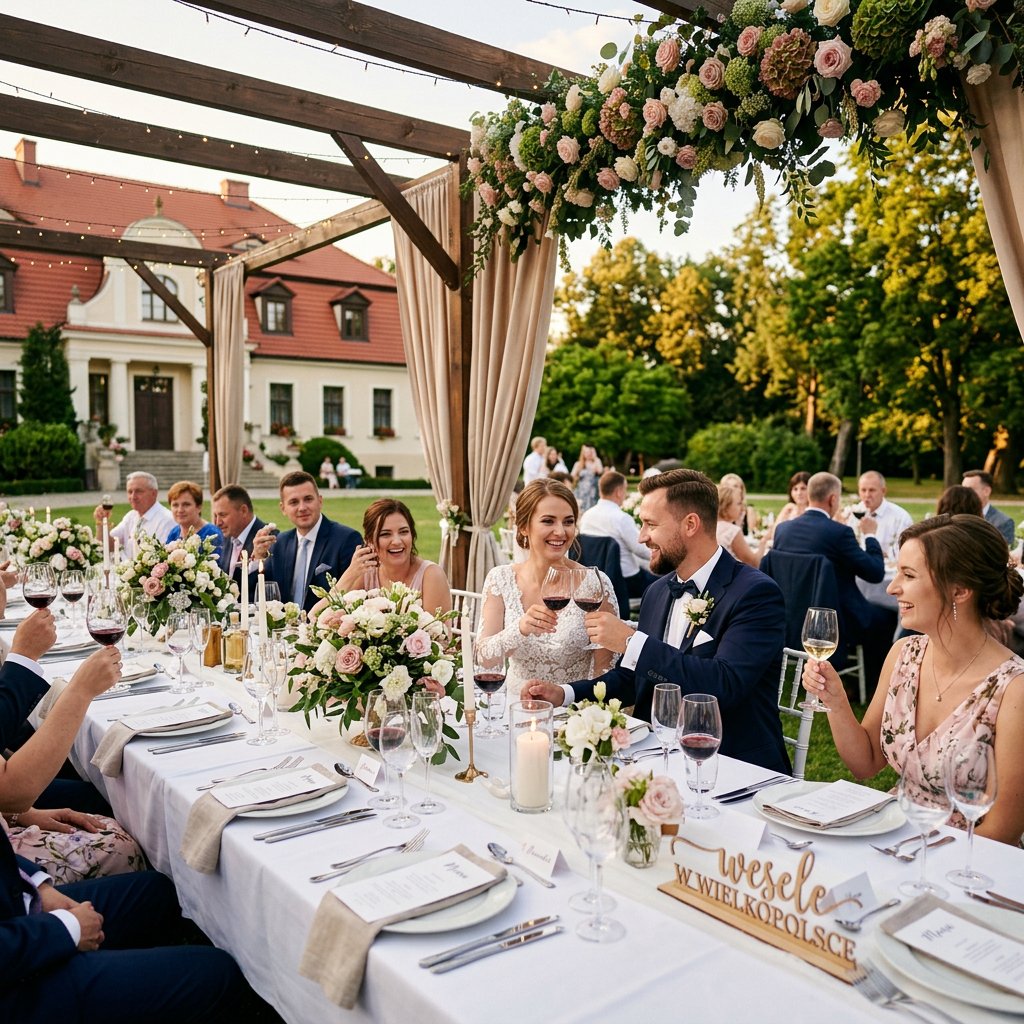 Para młoda trzymająca kalkulator w eleganckiej sali weselnej w Poznaniu podczas planowania budżetu ślubnego w Wie...