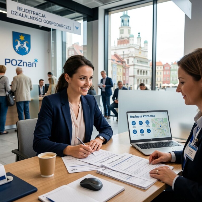 Nowoczesne biuro z widokiem na panoramę Poznania i laptopem na biurku, symbolizujące profesjonalne zakładanie firm...
