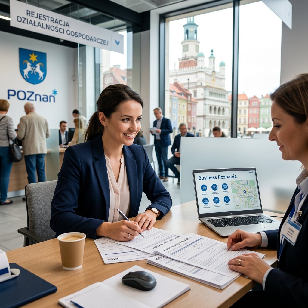 Nowoczesne biuro z widokiem na panoramę Poznania i laptopem na biurku, symbolizujące profesjonalne zakładanie firm...