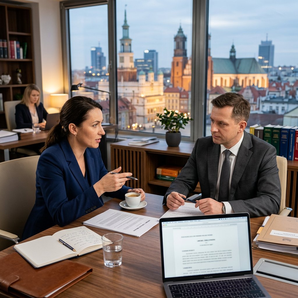 Profesjonalny prawnik w nowoczesnym biurze w Poznaniu analizujący dokumenty prawne przed spotkaniem z klientem" Wyb...