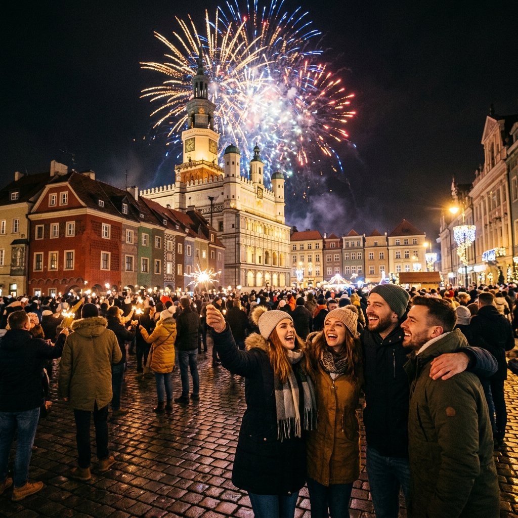 Sylwester w Poznaniu - nocne oświetlenie Starego Rynku i zabytkowej architektury miasta w klimacie noworocznego świ...