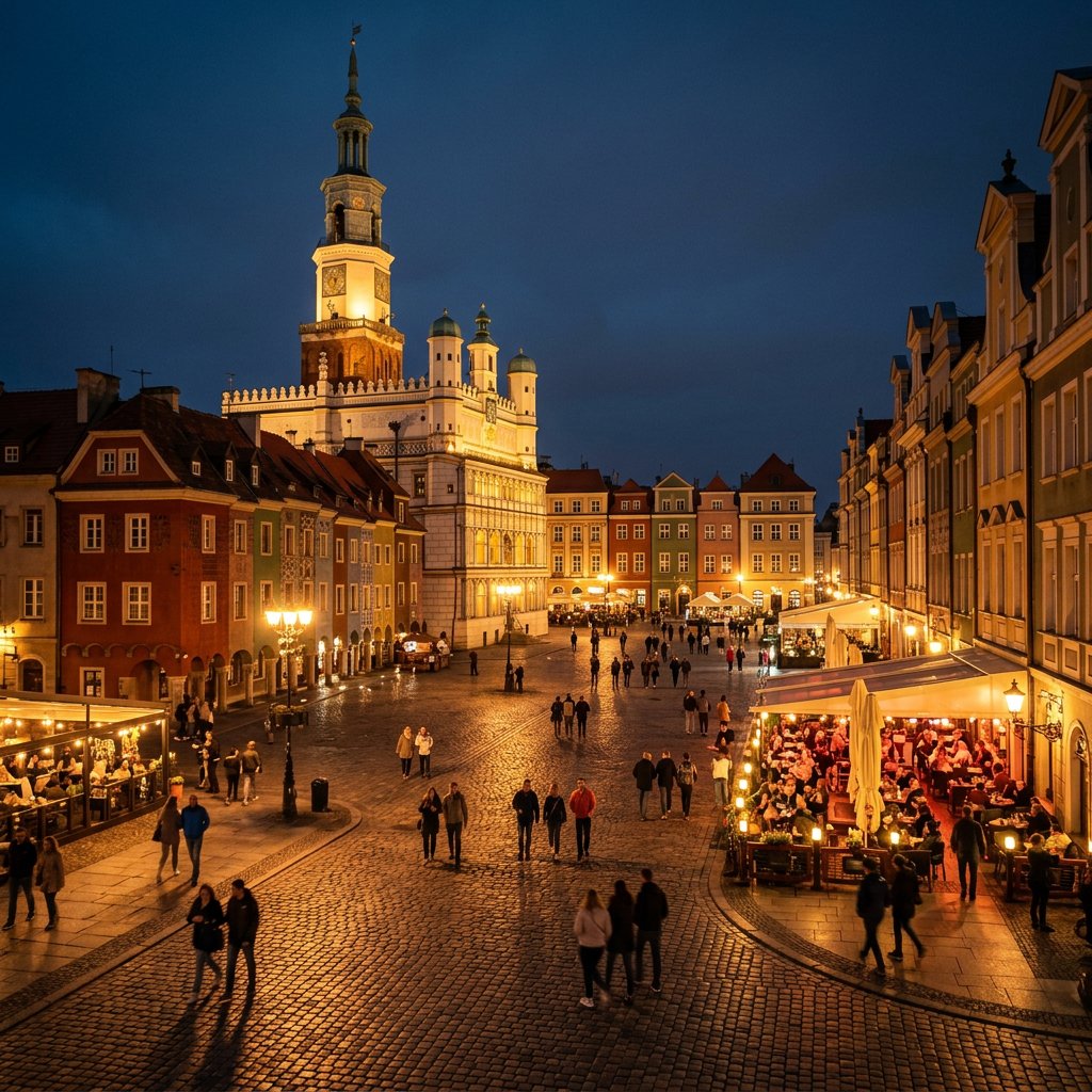 Poznań nocą z oświetlonym Starym Rynkiem i klimatycznymi kawiarniami w tle, idealne miejsce na wieczorny spacer po...