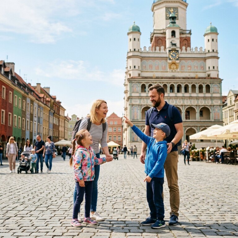 Szczęśliwa rodzina z dziećmi spacerująca po Starym Rynku w Poznaniu w pobliżu ratusza z koziołkami w słoneczny...