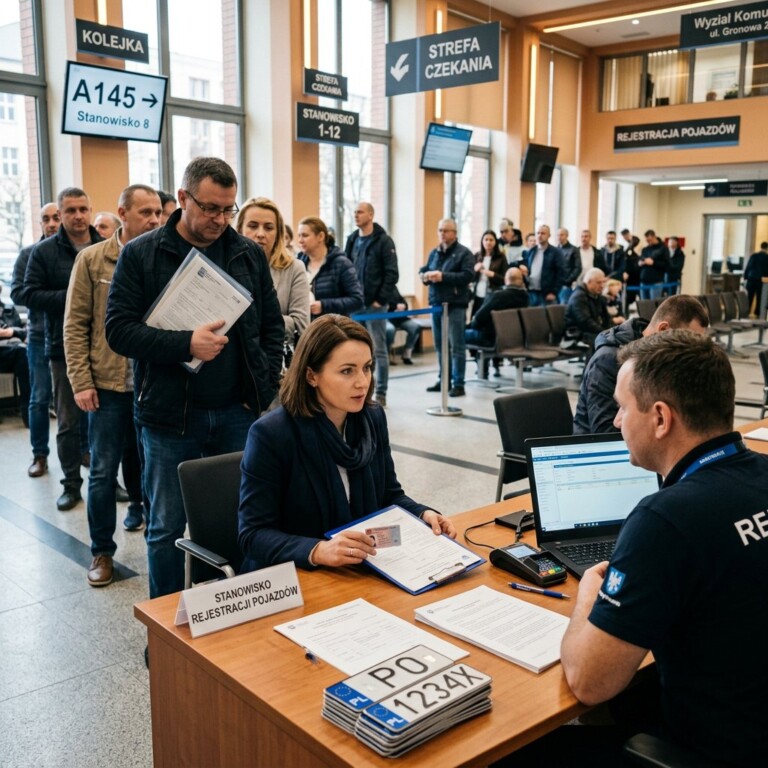 Kierowca z dokumentami przed budynkiem Wydziału Komunikacji w Poznaniu podczas załatwiania formalności rejestracyj...