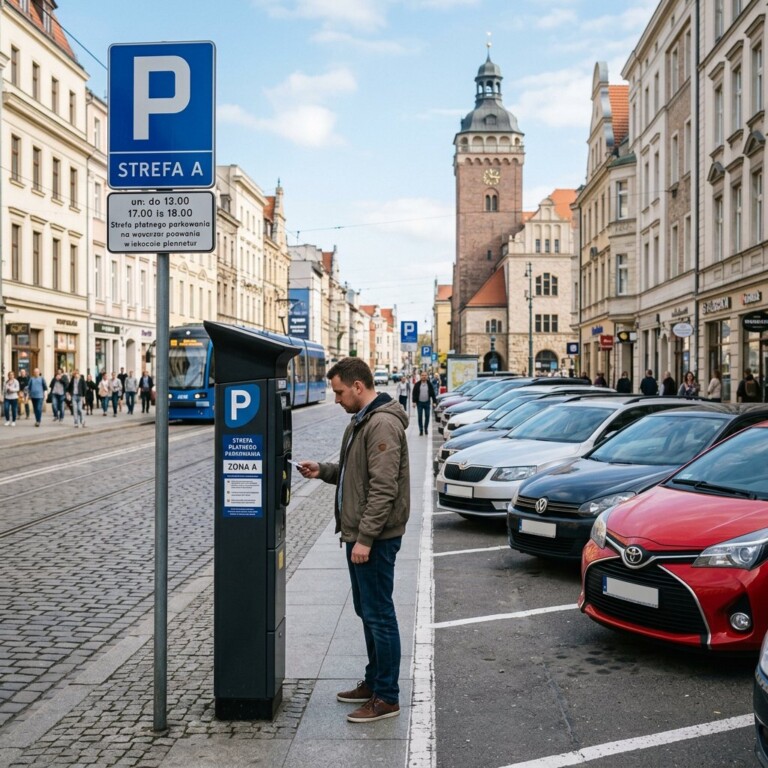 Nowoczesny parkomat i samochody zaparkowane wzdłuż ulicy w centrum Poznania w słoneczny dzień" Strefa Płatnego ...