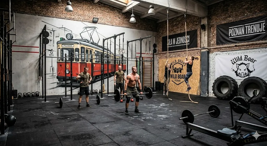 Surowe wnętrze siłowni typu CrossFit w Poznaniu z charakterystycznym muralem przedstawiającym poznański tramwaj na ścianie z cegły. Mężczyźni i kobiety trenują z ciężarami i wspinają się na linach.