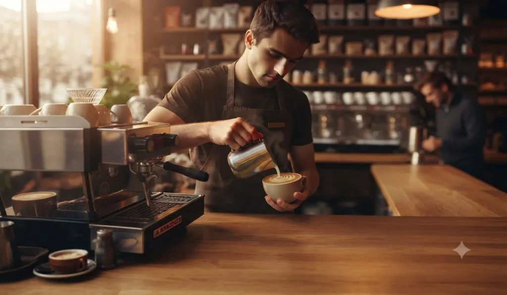 Profesjonalny barista przygotowujący kawę z mlekiem za pomocą ekspresu ciśnieniowego w kawiarni.