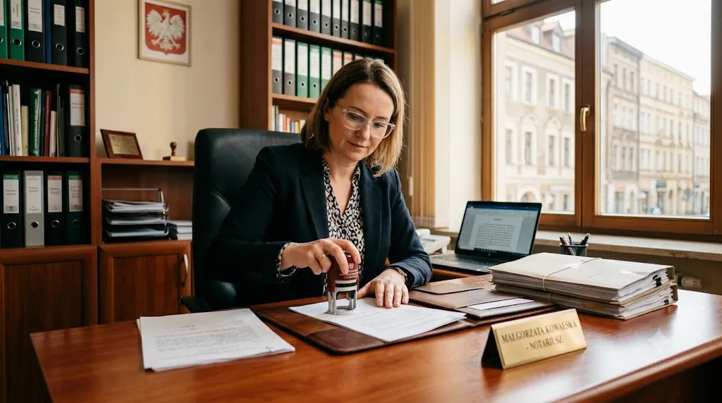Notariusz w Poznaniu sporządzający akt notarialny.