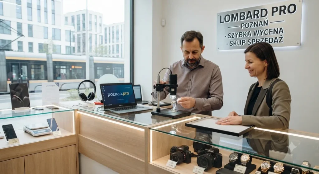 nowoczesny lombard w Poznaniu – profesjonalne stanowisko wyceny elektroniki, złota i zegarków z logo poznan.pro.