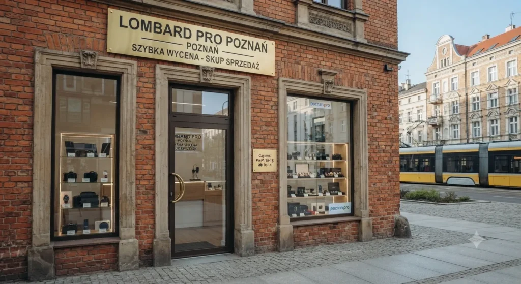 Zewnętrzny widok budynku i podświetlanej witryny nowoczesnego lombardu w zabytkowej kamienicy w Poznaniu.