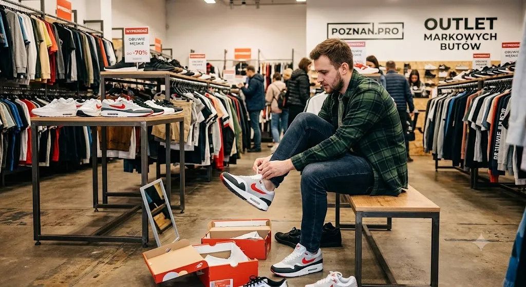 Klient przymierza markowe buty sportowe. Wyprzedaż obuwia – markowe modele w obniżonych cenach.