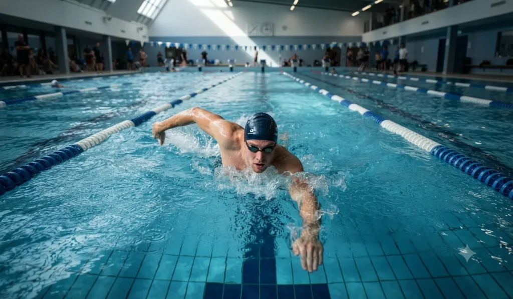 Profesjonalny pływak trenujący kraula na torze basenu sportowego w Poznaniu, widoczne skupienie i technika pływacka.