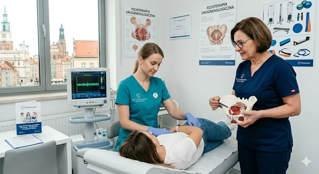 Specjalista uroginekologii w Poznaniu omawia budowę anatomiczną miednicy z pacjentką przy użyciu modelu.