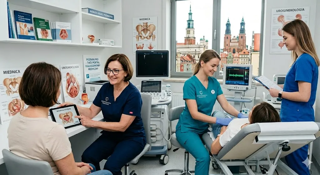 Fizjoterapeutka uroginekologiczna w Poznaniu wykonuje badanie u pacjentki na kozetce.