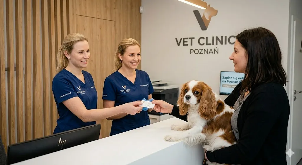 Pracownice recepcji kliniki weterynaryjnej Poznan.pro witają klientkę z psem rasy cavalier king charles spaniel.