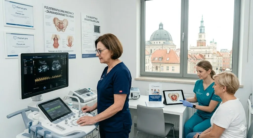 Lekarz uroginekolog obsługuje nowoczesny aparat USG podczas diagnostyki pacjentki w klinice.